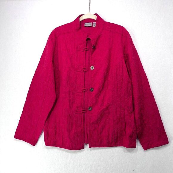 Chico's Jacket Women 2 / Medium Magenta Pink Mandarin Collar Relaxed Fit Topper - Picture 1 of 9